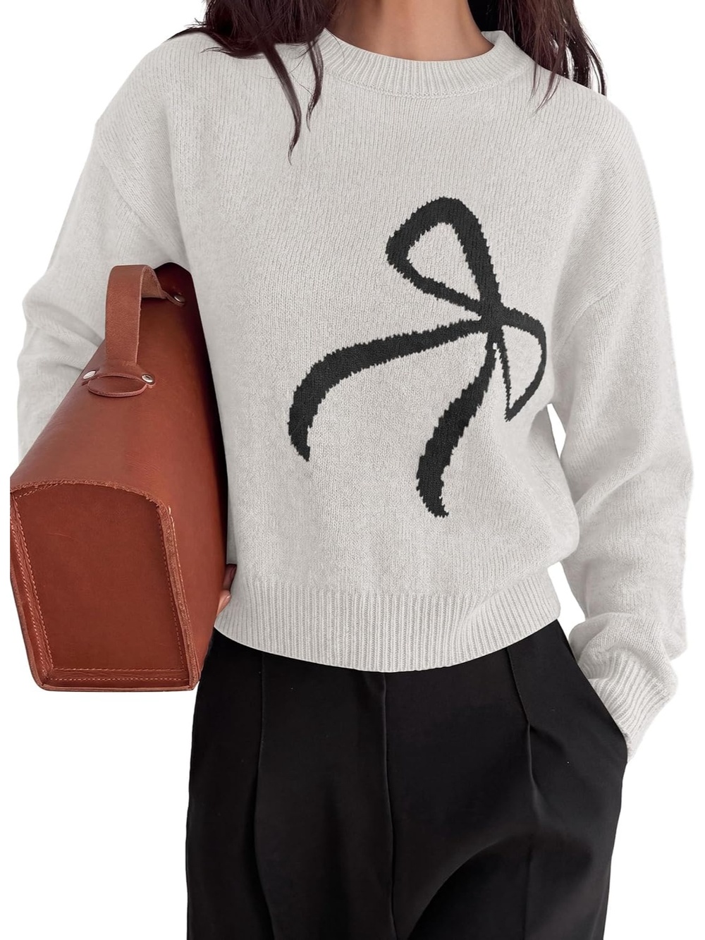🆕Women's White Crewneck Long Sleeve Bow Knit Cozy Relaxed Pullover Sweater